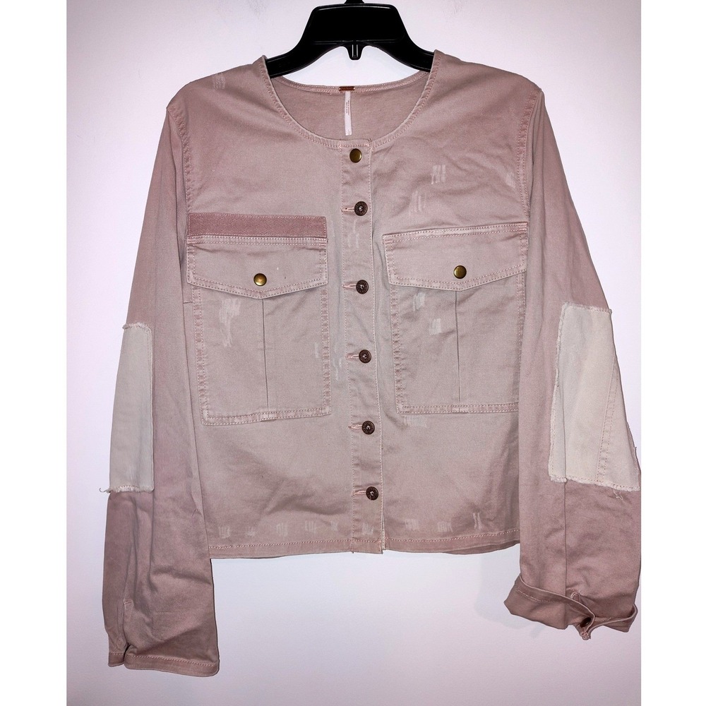 Free People Rumors Denim Jacket Mauve Pink‎ Utility Distressed Patchwork Large